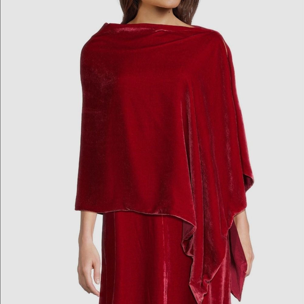 Eileen Fisher Velvet/Silk Poncho In Red Scarlet One Size